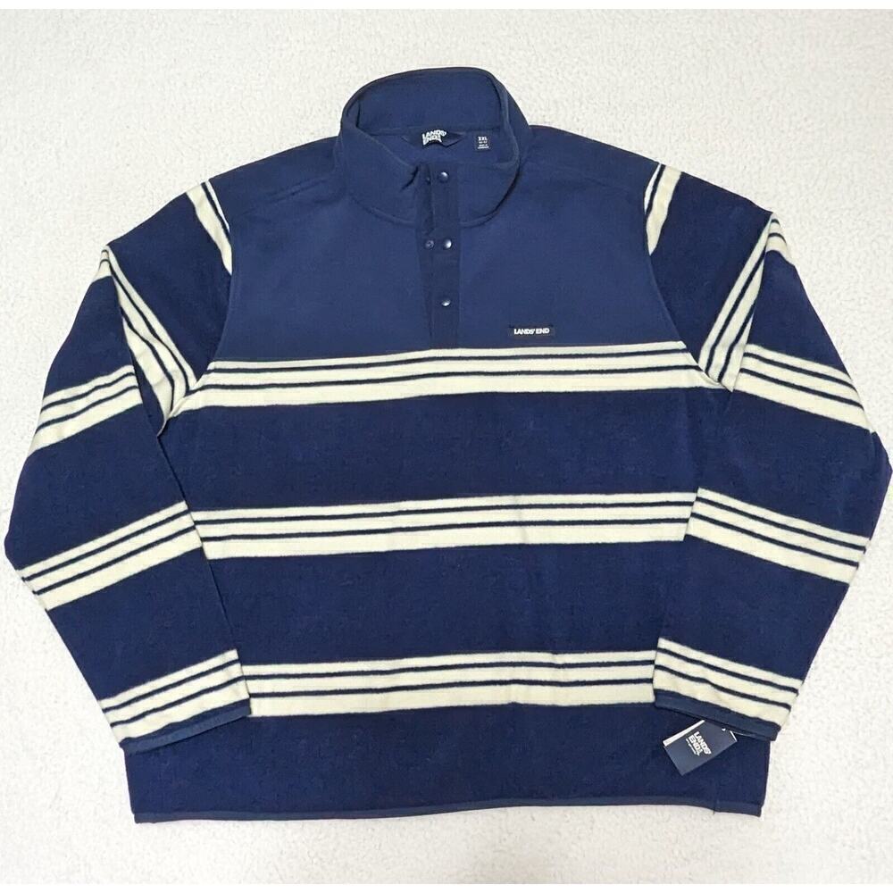 Lands' End Fleece Quarter Snap Pullover XXL Blue White Striped T200 Logo